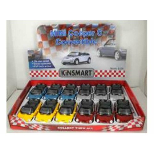 KT5089D-12 - 1/28 MINI COOPER S CONVERTIBLE IN A TRAY WITH 12PCS. 3 EACH OF THE FOLLOWING COLOURS RED BLUE YELLOW AND SILVER