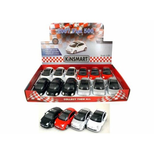 KT5345D-12 - 1/36 2007 FIAT 500 ASSORTMENT TRAY WITH 12PCS. 3 EACH OF THE FOLLOWING COLORS RED SILVER WHITE AND BLACK