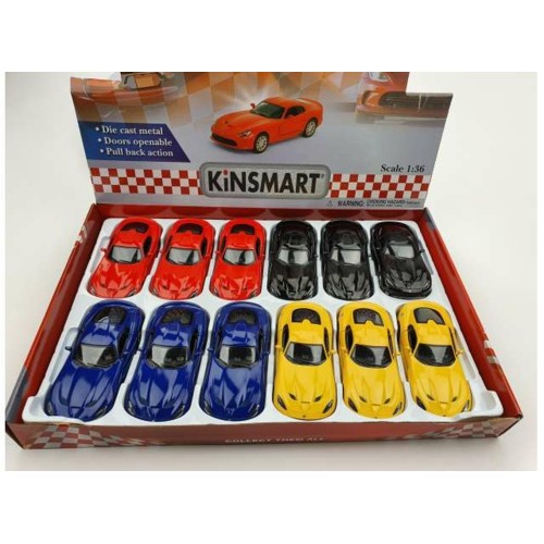 KT5363D-12 - 1/38 2013 DODGE SRT VIPER GTS IN A TRAY WITH 12PCS. 3 EACH OF THE FOLLOWING COLOURS RED YELLOW BLUE AND BLACK