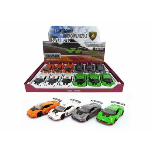 KT5389D-12 - 1/32 2015 LAMBORGHINI HURACAN LP620-2 SUPER TROFEO ASSORTMENT TRAY OF 12 WITH 4 COLOURS IN THE TRAY (GREEN ORANGE GREY AND WHITE).
