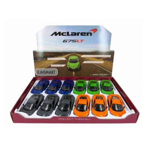 KT5392D-12 - 1/36 2016 MCLAREN 675LT ASSORTMENT TRAY OF 12 WITH 4 COLOURS IN THE TRAY (ORANGE BLUE GREEN GREY).