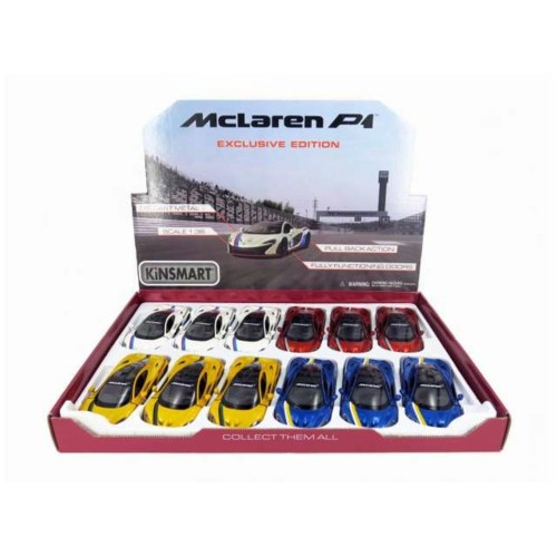 KT5393DF-12 - 1/36 2016 MCLAREN P1 WITH STRIPING ASSORTMENT TRAY OF 12 WITH 4 COLOURS IN THE TRAY (YELLOW RED WHITE BLUE).