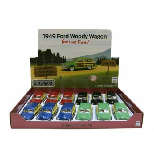 KT5402D-12 - 1/36 1949 FORD WOODY WAGON. ASSORTMENT TRAY OF 12 WITH 4 COLOURS IN THE TRAY (GREEN RED BLUE BLACK)