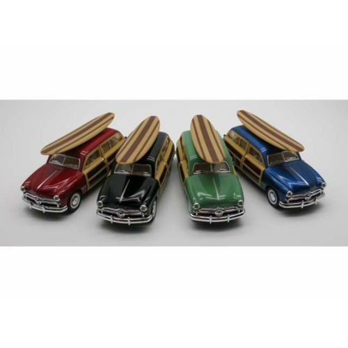 KT5402DS-12 - 1/36 1949 FORD WOODY WAGON AND SURFBOARD. ASSORTMENT TRAY OF 12 WITH 4 COLOURS IN THE TRAY (GREEN RED BLUE BLACK)