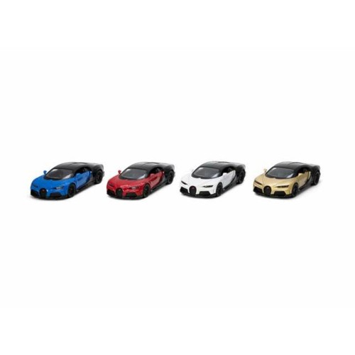 KT5423D-12 - 1/36 BUGATTI CHIRON SUPERSPORT ASSORTMENT TRAY OF 12 WITH 4 COLOURS IN THE TRAY RED GOLD WHITE AND BLUE