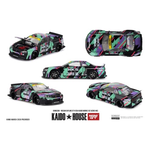 MGTKHMG280 - 1/64 NISSAN SKYLINE GT-R R34 KAIDO WORKS (V2 AERO) HKS