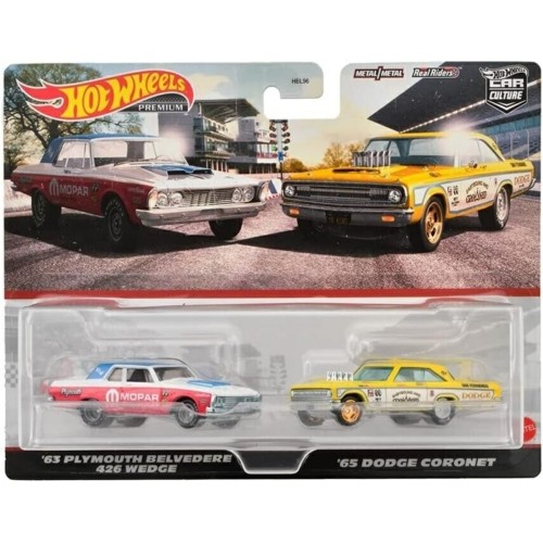 MHWHKF56 - 1/64 HOT WHEELS CAR CULTURE 2 PACK 1963 PLYMOUTH BELVEDERE 426 WEDGE AND 1965 DODGE CORONET SET