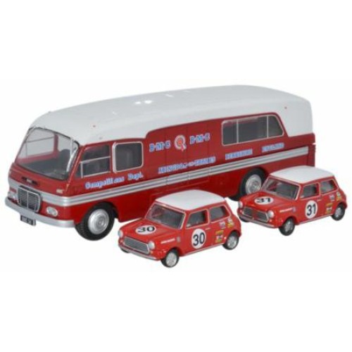 OX76BMC003 - 1/76 BMC CAR TRANSPORTER AND TWO MINIS BMC COMPETITIONS DEPT