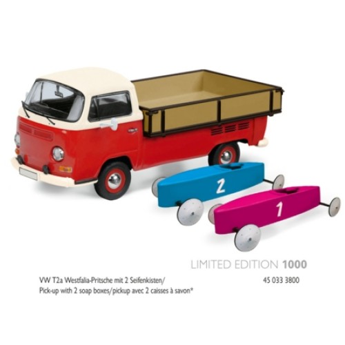 SHU03338 - 1/43 VW T2A FLATBED WITH 2 CARS - RED/WHITE