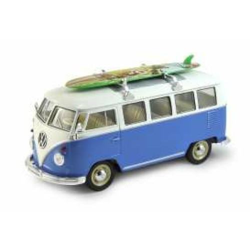 W22095SBB - 1/24 1962 VOLKSWAGEN CLASSIC BUS WITH SURF BOARD BLUE/WHITE